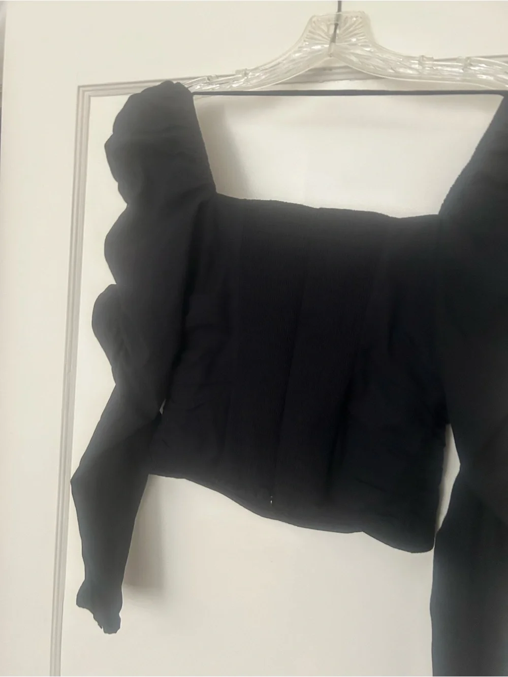 Reformation Black Square Neck Puff Sleeve Crop Top
